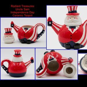 Radiant Treasures Uncle Sam Independence Day Ceramic Teapot. Ships Free